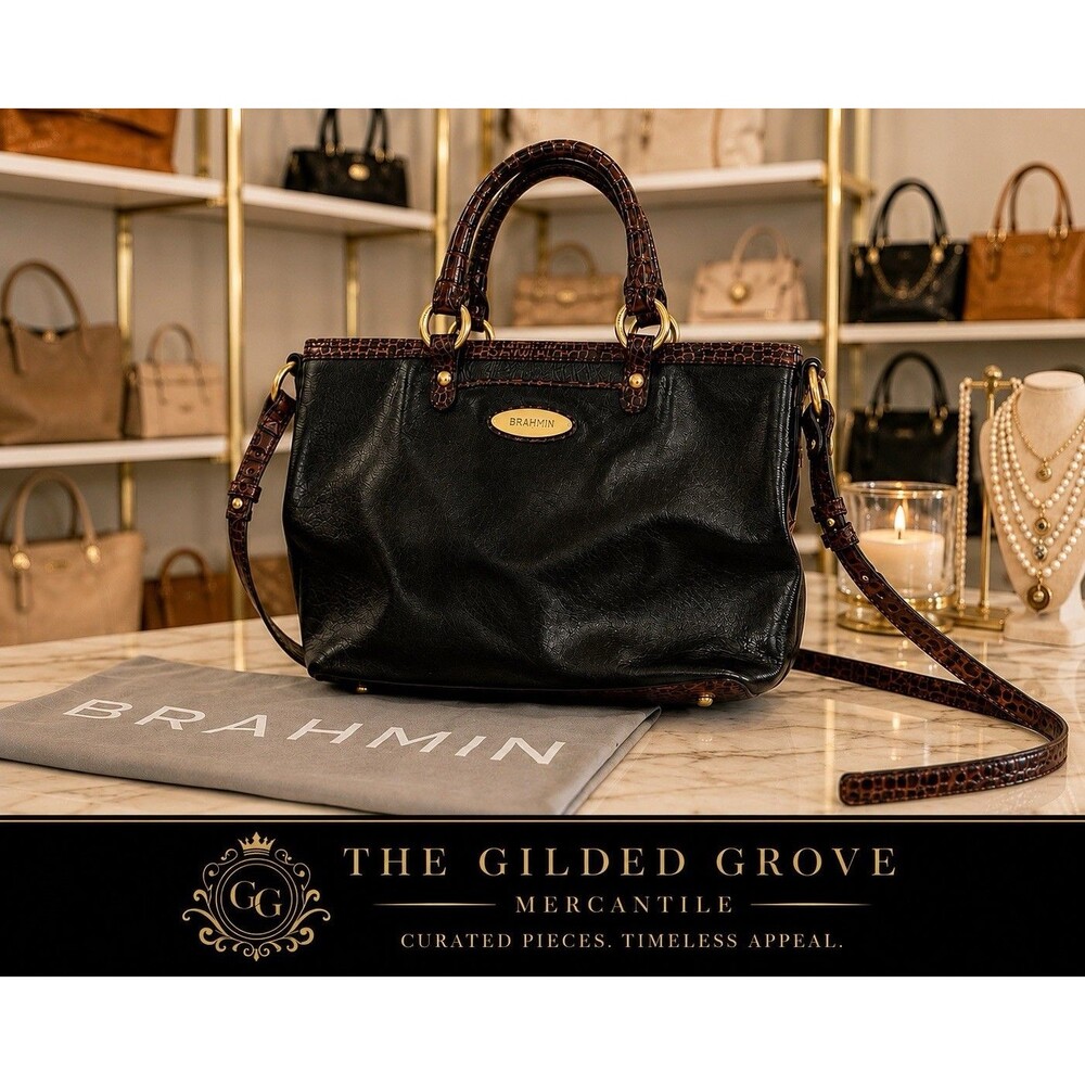 Brahmin Mini Alden Black Tuscan Leather Satchel Crossbody Bag Dust Bag Card